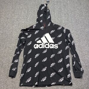 Adidas Hoodie Kids L/G (14/16) Black All Over Print Logo Faded Streetwear
